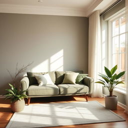 An orderly and serene interior space characterized by a harmonious color palette of neutral greens, dark tones, and whites