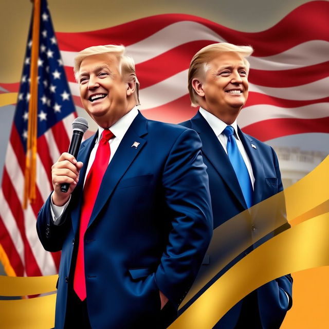 A vivid image of Donald Trump wearing a blue suit, white shirt, and red tie, speaking confidently into a microphone with a broad smile on his face