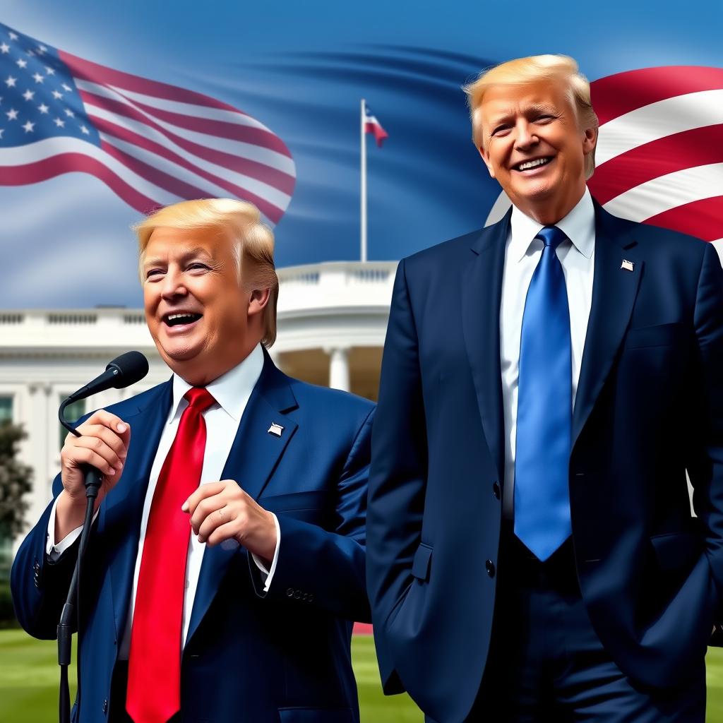 A vivid image of Donald Trump wearing a blue suit, white shirt, and red tie, speaking confidently into a microphone with a broad smile on his face