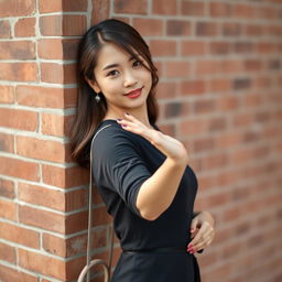 A beautiful Korean woman striking an elegant and charming pose, standing facing the camera with a gentle smile