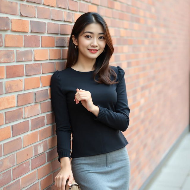 A beautiful Korean woman striking an elegant and charming pose, standing facing the camera with a gentle smile