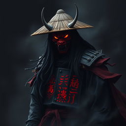 A shadowy figure named Kenji Hittori with long, flowing black hair reaching his waist, wearing a weathered straw hat and an eye-catching red Oni mask with curved horns and glowing, fiery eyes