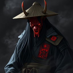 A shadowy figure named Kenji Hittori with long, flowing black hair reaching his waist, wearing a weathered straw hat and an eye-catching red Oni mask with curved horns and glowing, fiery eyes