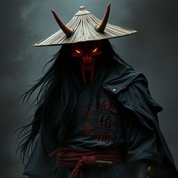 A shadowy figure named Kenji Hittori with long, flowing black hair reaching his waist, wearing a weathered straw hat and an eye-catching red Oni mask with curved horns and glowing, fiery eyes