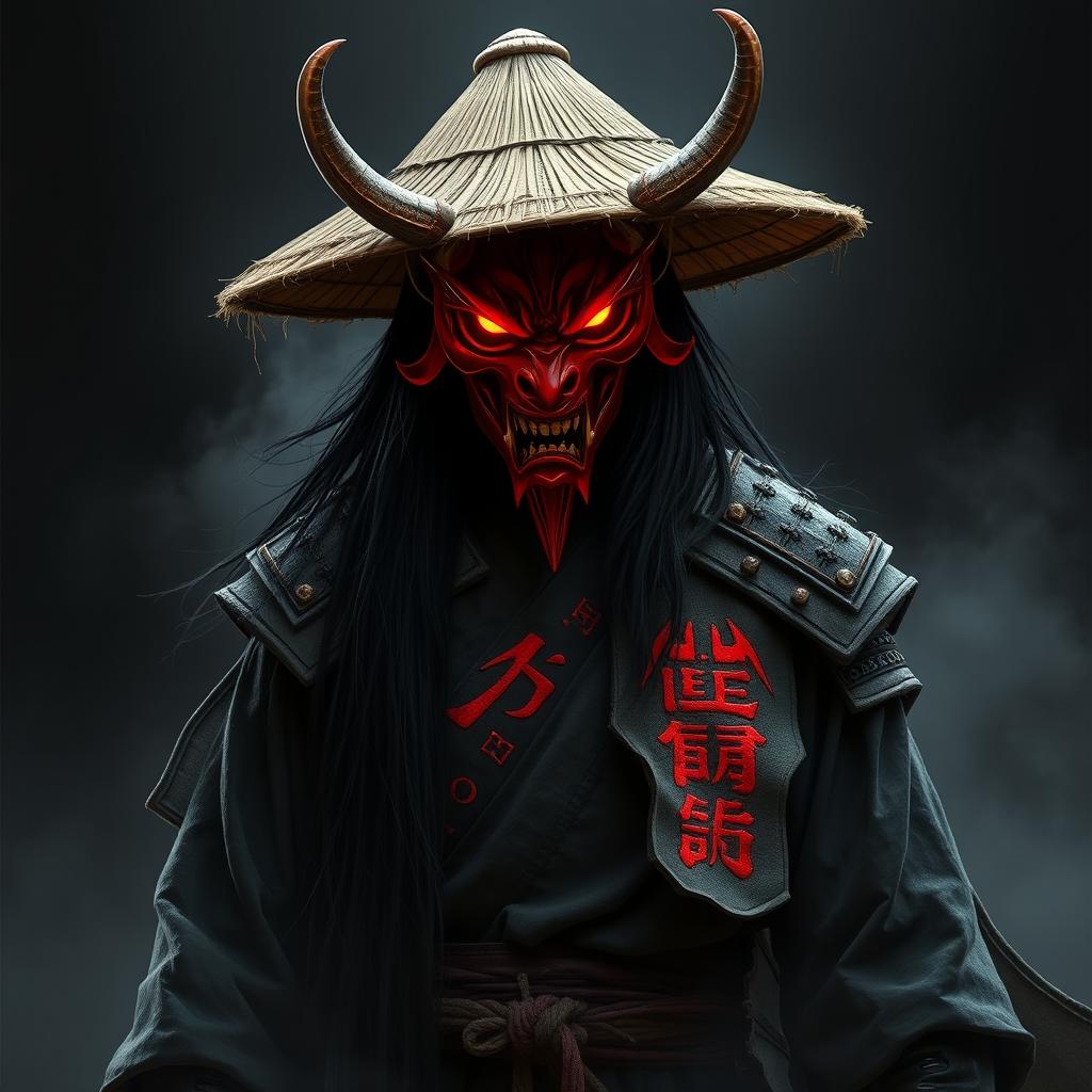 A shadowy figure named Kenji Hittori with long, flowing black hair reaching his waist, wearing a weathered straw hat and an eye-catching red Oni mask with curved horns and glowing, fiery eyes