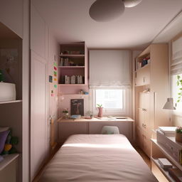 Design a cool and spacious 12*20 student's bedroom, including affordable elements. The design should include a comfortable bed, an organized study area, ample storage spaces, and a warm, inviting atmosphere.