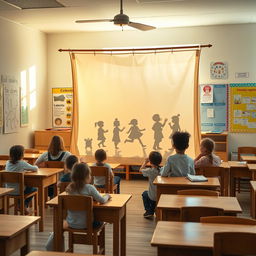A classroom with wooden desks and chairs, featuring a vintage lamp casting warm light