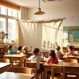 A classroom with wooden desks and chairs, featuring a vintage lamp casting warm light