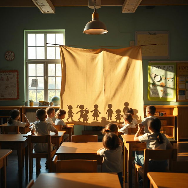 A classroom with wooden desks and chairs, featuring a vintage lamp casting warm light