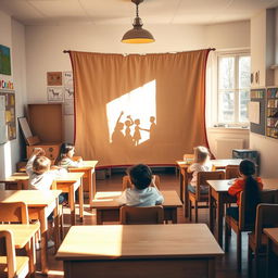 A classroom with wooden desks and chairs, featuring a vintage lamp casting warm light