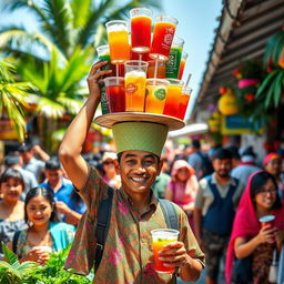 A whimsical and vibrant scene featuring a male ice tea vendor balancing a large tray of colorful iced tea cups on his head