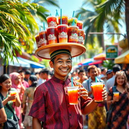 A whimsical and vibrant scene featuring a male ice tea vendor balancing a large tray of colorful iced tea cups on his head