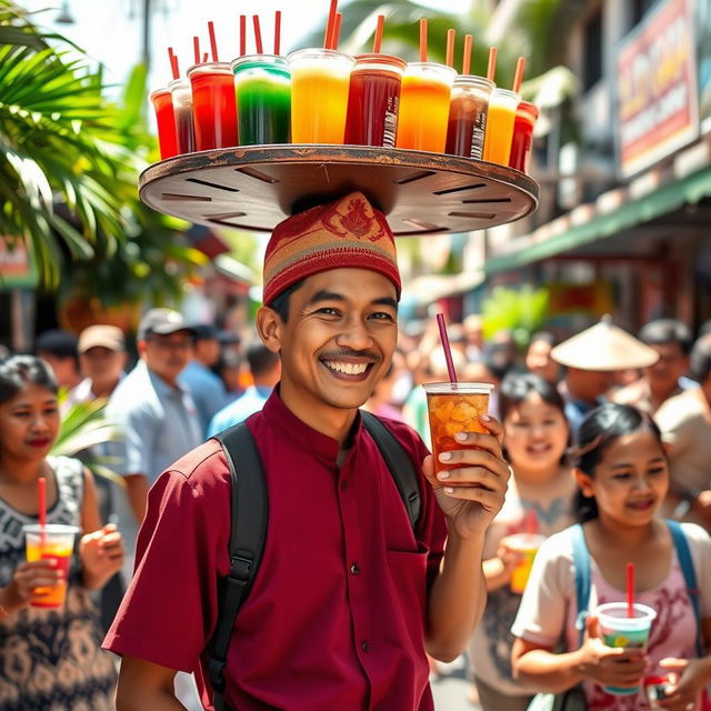 A whimsical and vibrant scene featuring a male ice tea vendor balancing a large tray of colorful iced tea cups on his head