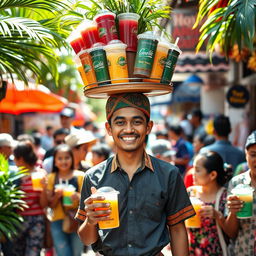 A whimsical and vibrant scene featuring a male ice tea vendor balancing a large tray of colorful iced tea cups on his head