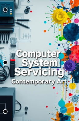 A visually striking scrapbook cover design for 'Computer System Servicing' featuring a sleek modern computer setup with a workspace neatly arranged, showcasing an array of tools like screwdrivers, cables, and motherboard components