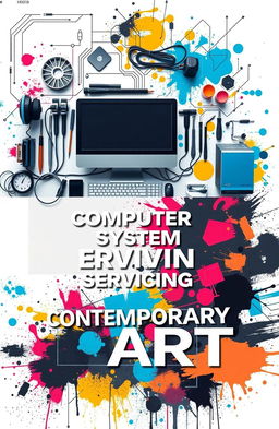 A visually striking scrapbook cover design for 'Computer System Servicing' featuring a sleek modern computer setup with a workspace neatly arranged, showcasing an array of tools like screwdrivers, cables, and motherboard components