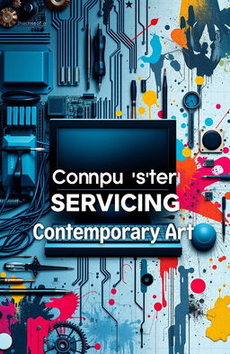 A visually striking scrapbook cover design for 'Computer System Servicing' featuring a sleek modern computer setup with a workspace neatly arranged, showcasing an array of tools like screwdrivers, cables, and motherboard components