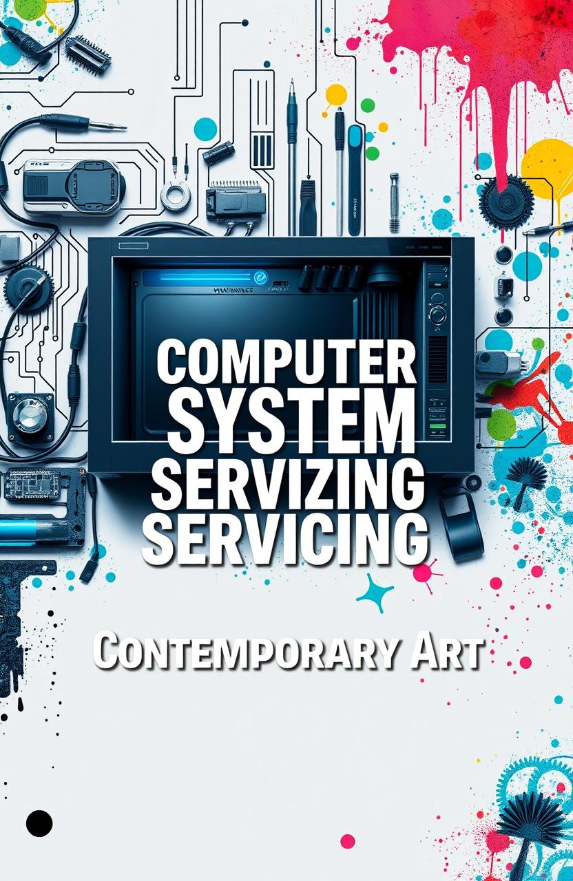 A visually striking scrapbook cover design for 'Computer System Servicing' featuring a sleek modern computer setup with a workspace neatly arranged, showcasing an array of tools like screwdrivers, cables, and motherboard components