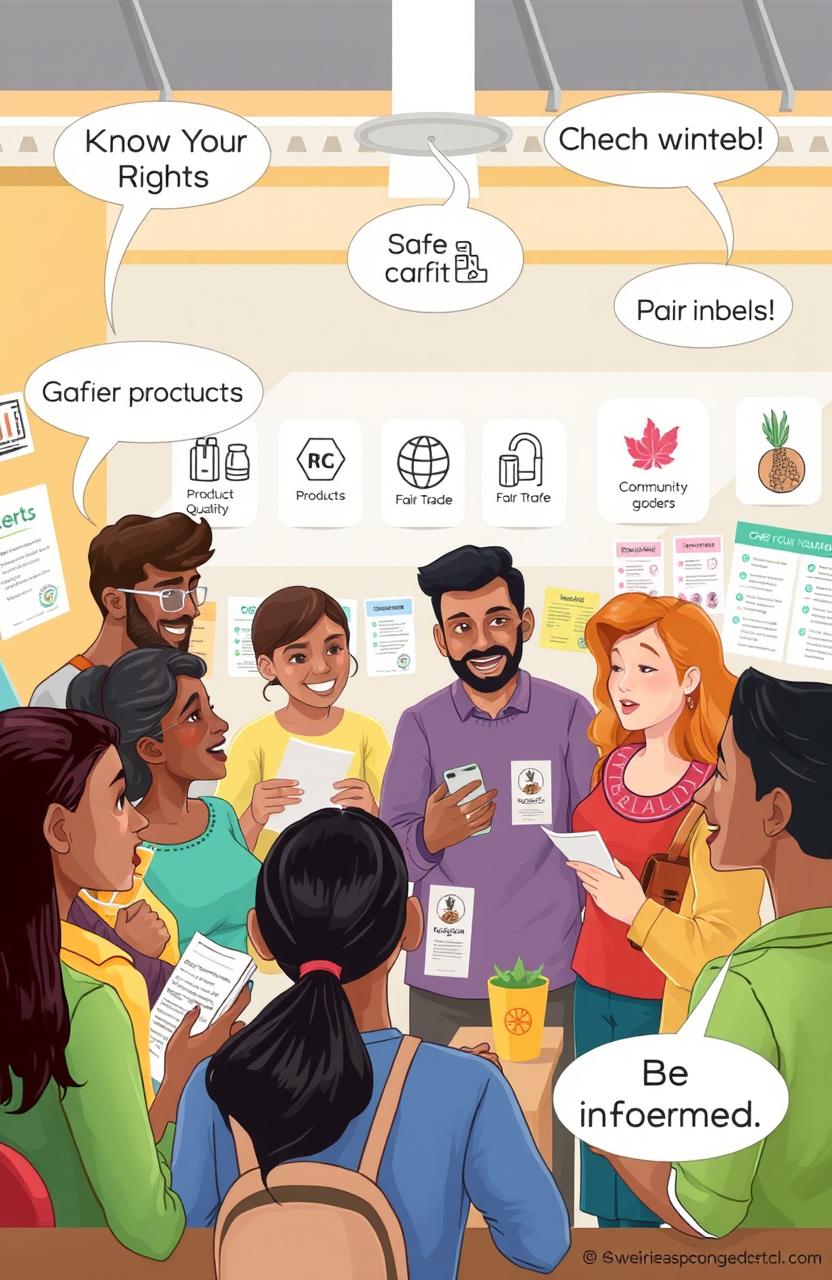 A vibrant and informative illustration showcasing various aspects of consumer awareness