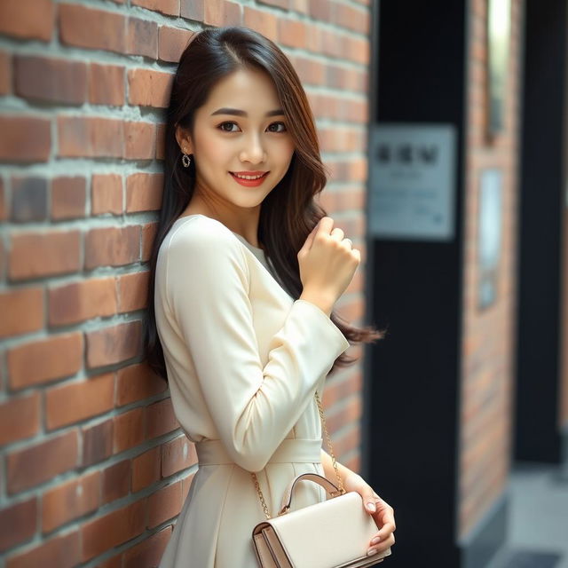 A beautiful Korean woman posing gracefully and attractively, standing facing the camera with a soft smile