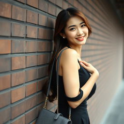 A beautiful Korean woman posing gracefully and attractively, standing facing the camera with a soft smile