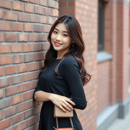 A beautiful Korean woman posing gracefully and attractively, standing facing the camera with a soft smile