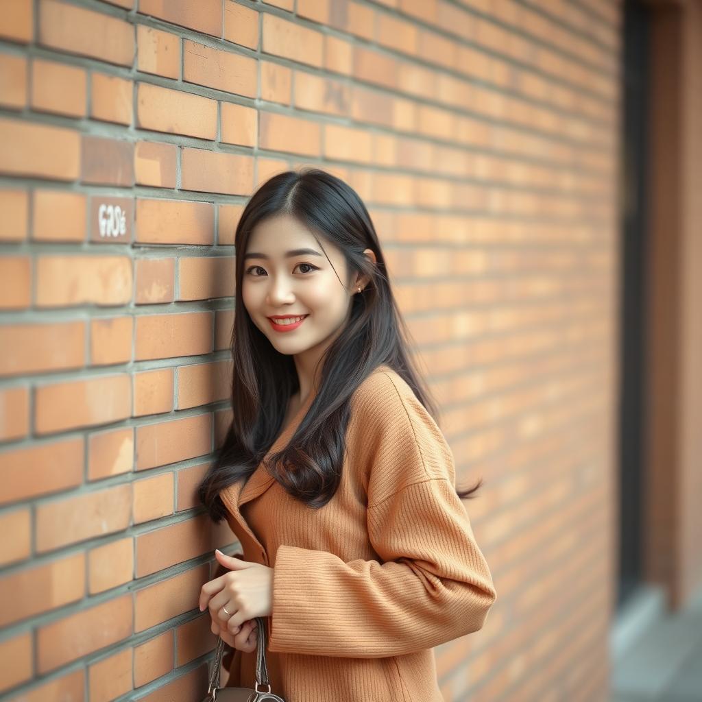 A beautiful Korean woman posing gracefully and attractively, standing facing the camera with a soft smile