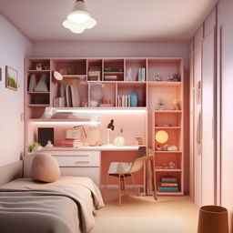 Design a cool and spacious 12*20 student's bedroom, including affordable elements. The design should include a comfortable bed, an organized study area, ample storage spaces, and a warm, inviting atmosphere.