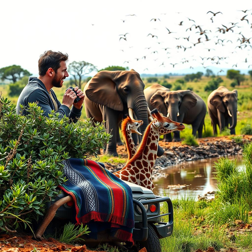 Lionel Messi and Cristiano Ronaldo crouched behind a bush, intensely observing a herd of elephants at a watering hole