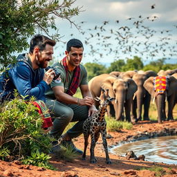 Lionel Messi and Cristiano Ronaldo crouched behind a bush, intensely observing a herd of elephants at a watering hole