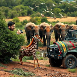 Lionel Messi and Cristiano Ronaldo crouched behind a bush, intensely observing a herd of elephants at a watering hole