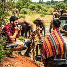 Lionel Messi and Cristiano Ronaldo crouched behind a bush, intensely observing a herd of elephants at a watering hole
