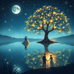 A serene lake under a beautiful starry night sky, with glowing fireflies illuminating the scene
