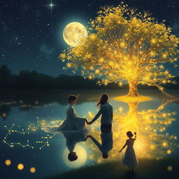 A serene lake under a beautiful starry night sky, with glowing fireflies illuminating the scene