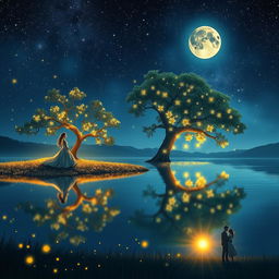 A serene lake under a beautiful starry night sky, with glowing fireflies illuminating the scene