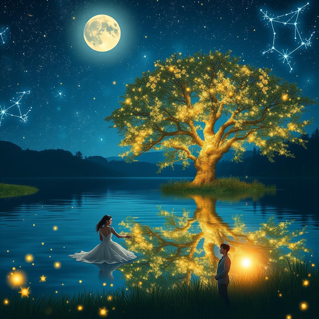 A serene lake under a beautiful starry night sky, with glowing fireflies illuminating the scene