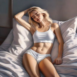 A highly detailed, realistic digital painting showcases a blonde Instagram model reclining on a bed