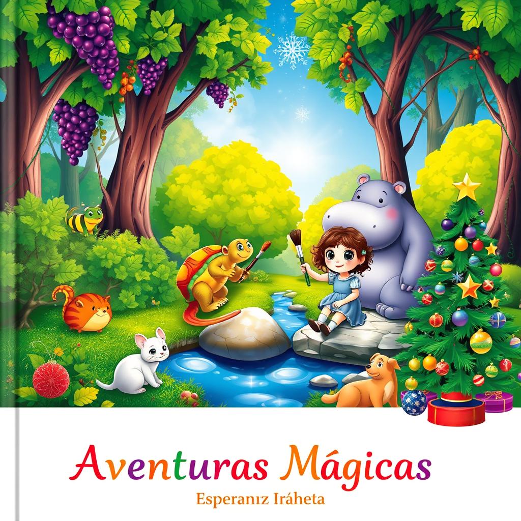 A whimsical book cover featuring a magical forest with vibrant colors