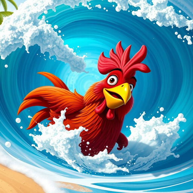 A whimsical and colorful scene featuring Hei Hei, the comical rooster from Moana, as he is playfully wrapped up in a vibrant wave