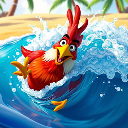 A whimsical and colorful scene featuring Hei Hei, the comical rooster from Moana, as he is playfully wrapped up in a vibrant wave