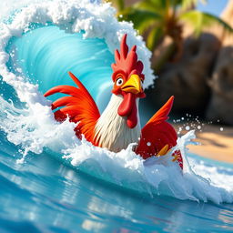 A whimsical and colorful scene featuring Hei Hei, the comical rooster from Moana, as he is playfully wrapped up in a vibrant wave