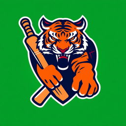 A bold and dynamic logo design for a cricket team featuring a fierce tiger