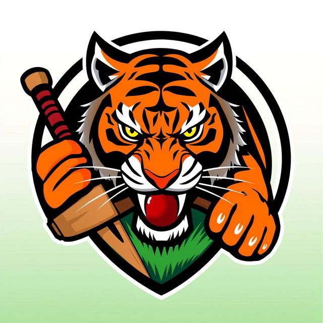 A bold and dynamic logo design for a cricket team featuring a fierce tiger