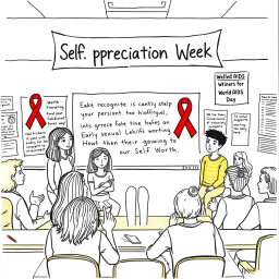 A hand-drawn sketch representing 'Self Appreciation Week' in a classroom setting