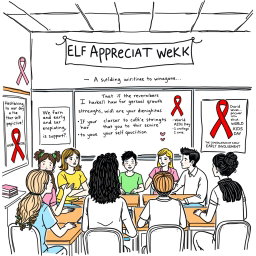 A hand-drawn sketch representing 'Self Appreciation Week' in a classroom setting
