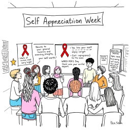 A hand-drawn sketch representing 'Self Appreciation Week' in a classroom setting