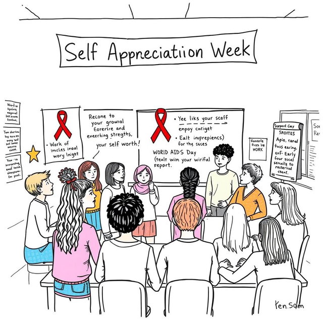 A hand-drawn sketch representing 'Self Appreciation Week' in a classroom setting