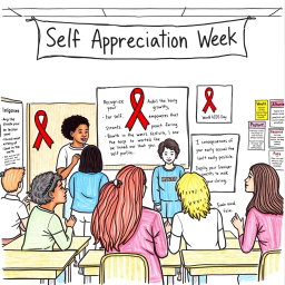 A hand-drawn sketch representing 'Self Appreciation Week' in a classroom setting