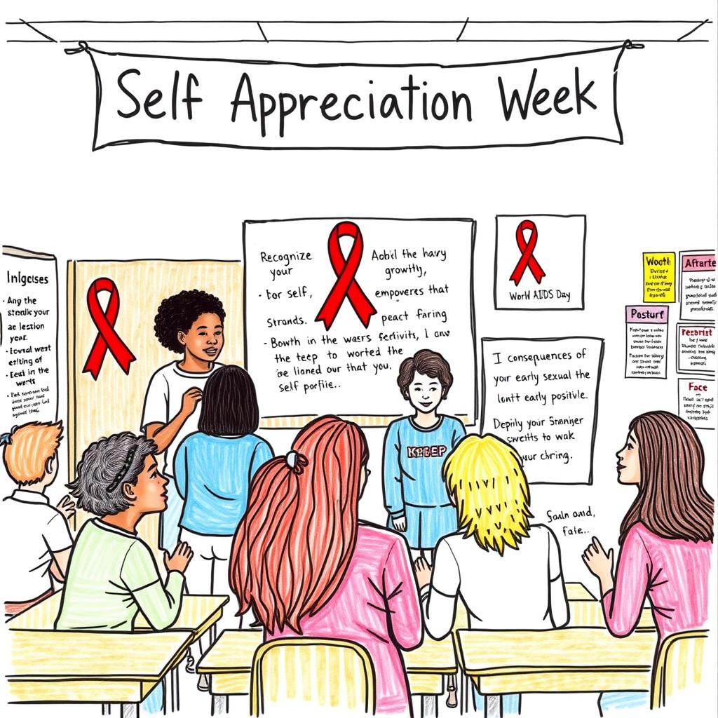 A hand-drawn sketch representing 'Self Appreciation Week' in a classroom setting