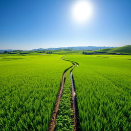 A breathtaking wide expanse of lush green rice fields, meticulously arranged in neat rows